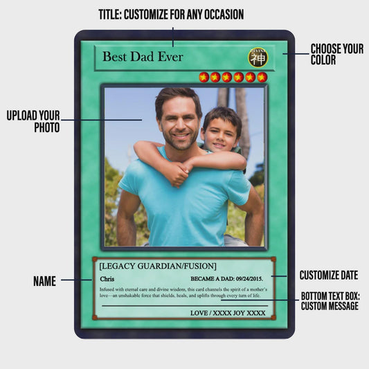 Dueling Dad Photo Card - Father's Day Gift - Personalized Anime Style Metal Photo Card - Anime-Inspired Card - Legendary Dad Custom Card