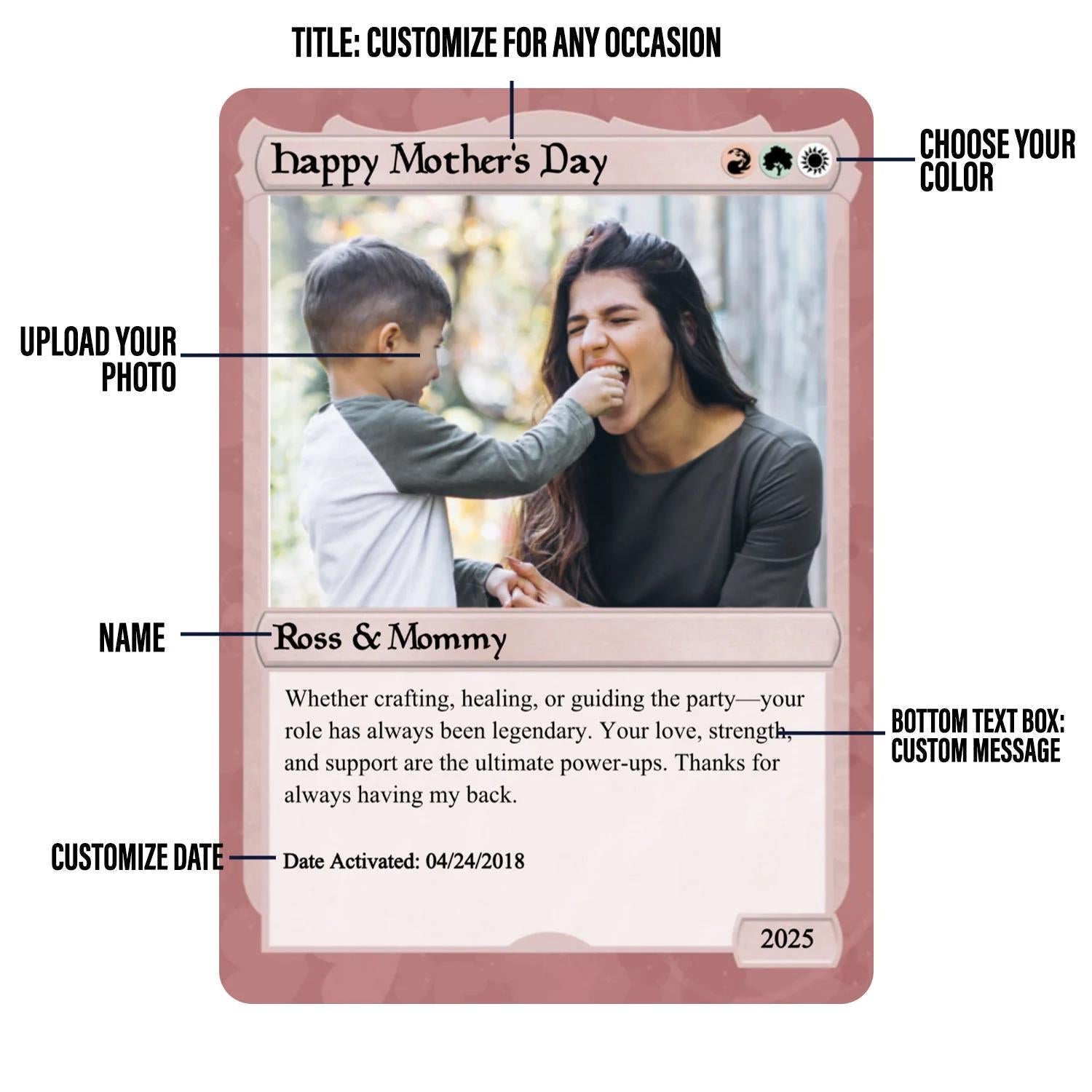 Pet the Gathering Mother's Day Photo Card - Mother's Day Gift - Personalized Anime Style Metal Photo Card - Legendary Mom Custom Card